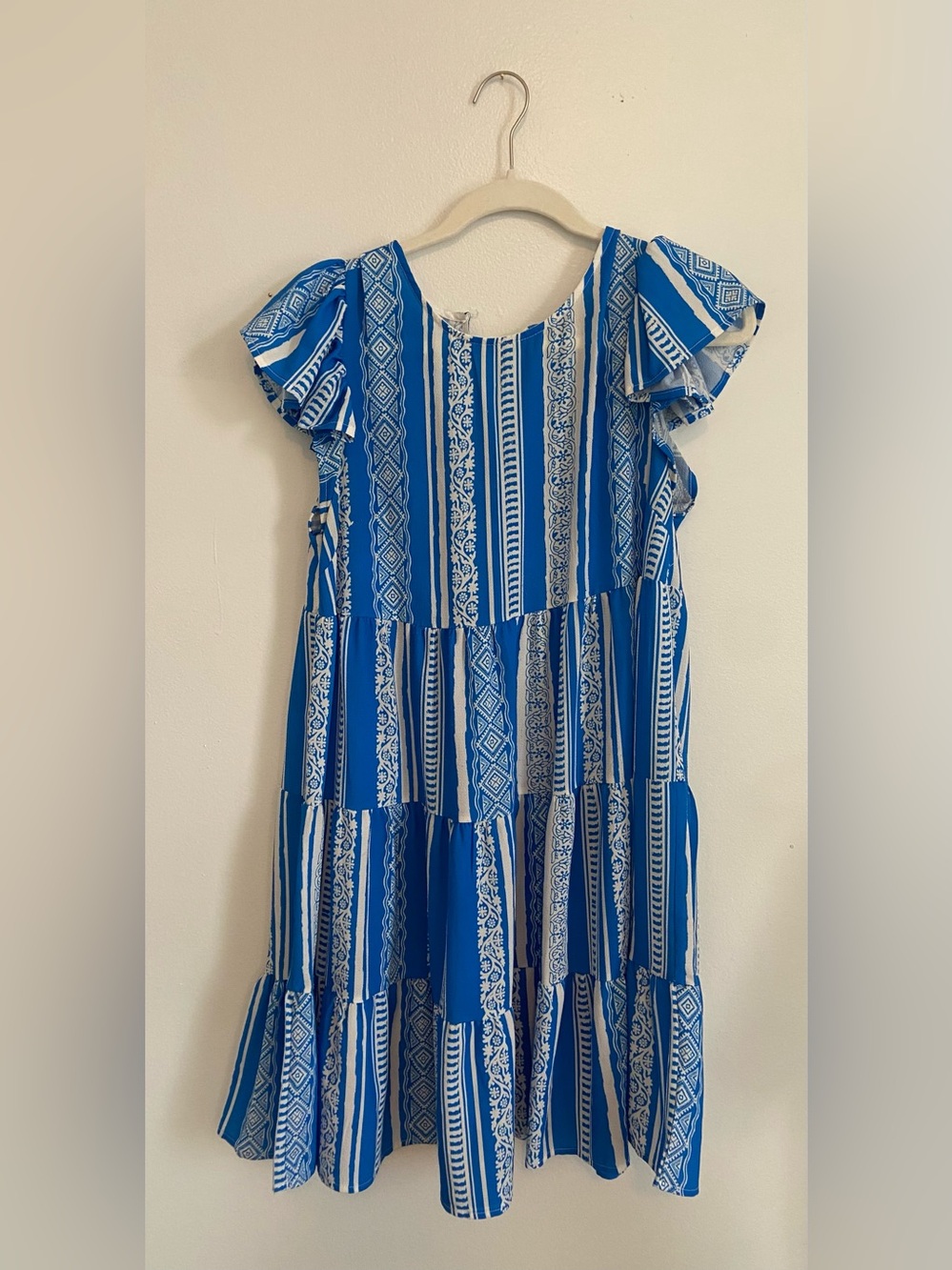 Flying Tomato Blue and White Damask Print Boho Dress - Size Small